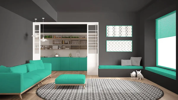 Sala de estar minimalista con sofá, alfombra redonda grande y cocina i —  Fotos de Stock
