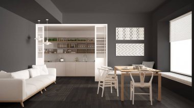 Minimalist mutfak ve oturma odası kanepe, masa ve sandalyeler ile, 