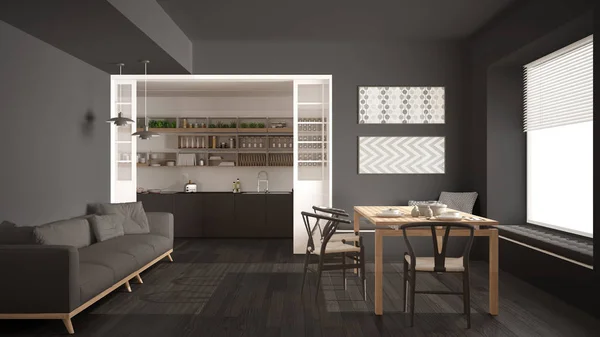 Minimalistische keuken en woonkamer met sofa, tafel en stoelen, — Stockfoto