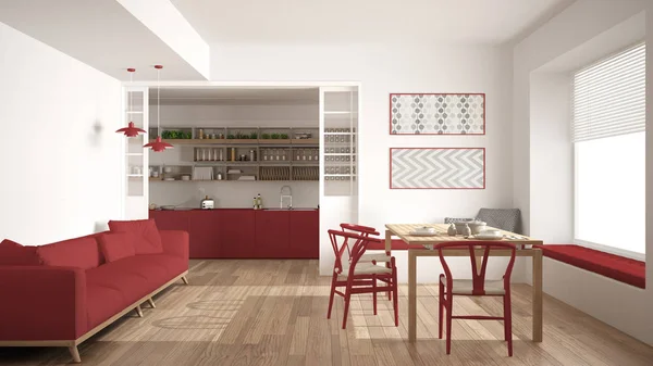 极简主义厨房和客厅，沙发、 桌子和椅子, — 图库照片