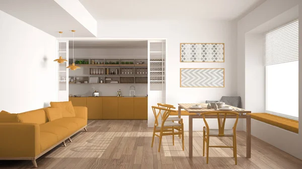 Minimalist kitchen and living room with sofa, table and chairs,