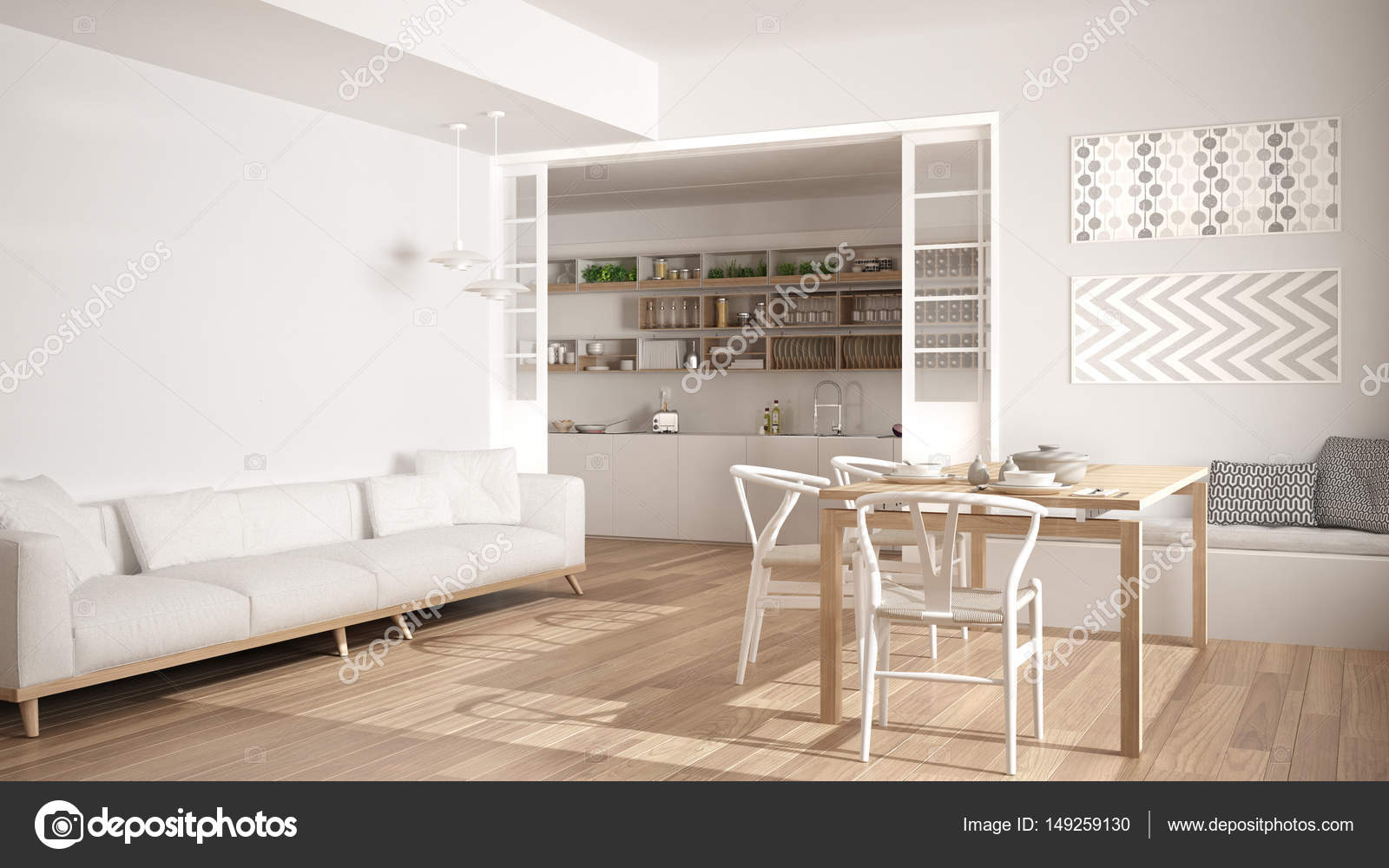 Minimalistische Küche und Wohnzimmer mit Sofa, Tisch und Stühlen ... Minimalistische Küche und Wohnzimmer mit Sofa, Tisch und Stühlen ...