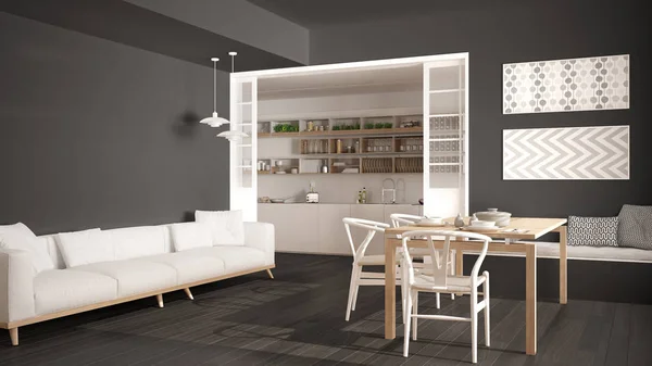 Minimalist kitchen and living room with sofa, table and chairs,