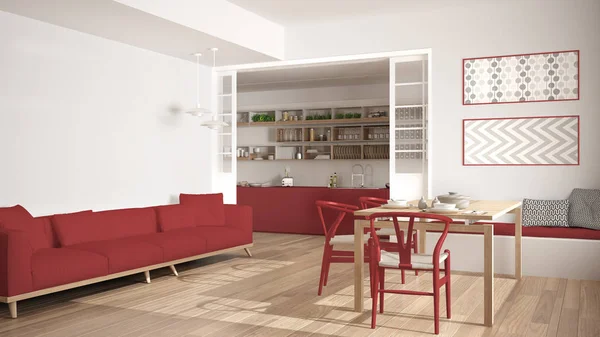 Минималистская кухня и гостиная с диваном, столом и стульями , — стоковое фото