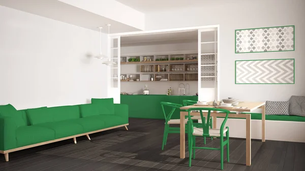 Cocina minimalista y sala de estar con sofá, mesa y sillas , — Foto de Stock
