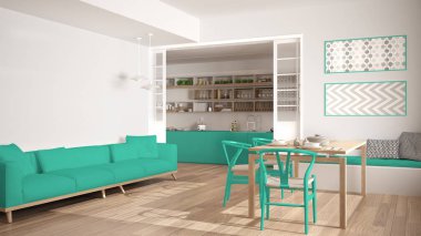 Minimalist mutfak ve oturma odası kanepe, masa ve sandalyeler ile, 