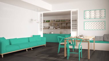 Minimalist mutfak ve oturma odası kanepe, masa ve sandalyeler ile, 