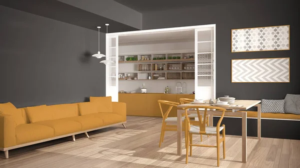 Cozinha minimalista e sala de estar com sofá, mesa e cadeiras , — Fotografia de Stock
