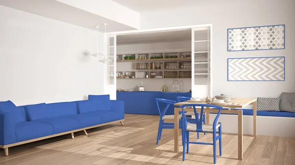 Cocina minimalista y sala de estar con sofá, mesa y sillas , — Foto de Stock