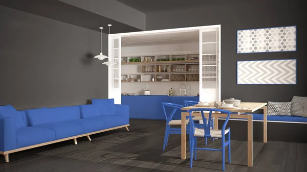 Cozinha minimalista e sala de estar com sofá, mesa e cadeiras , — Fotografia de Stock