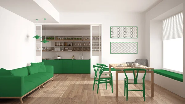 Cucina e soggiorno minimalisti con divano, tavolo e sedie , — Foto Stock