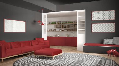 Yaşayan minimalist Oda kanepe, halı ve mutfak büyük ile