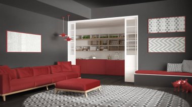 Yaşayan minimalist Oda kanepe, halı ve mutfak büyük ile