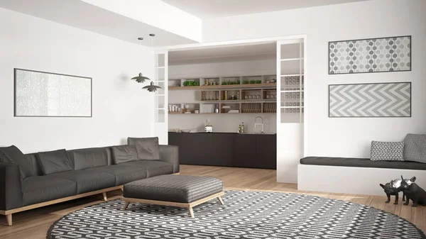 Minimalistická žijící pokoj, pohovka, velký kulatý koberec a kuchyň — Stock fotografie