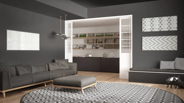 Мінімалістична вітальня з диваном, великим круглим килимом і кухнею — стокове фото