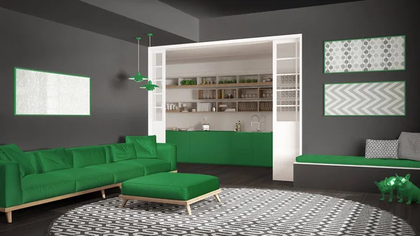Мінімалістична вітальня з диваном, великим круглим килимом і кухнею — стокове фото