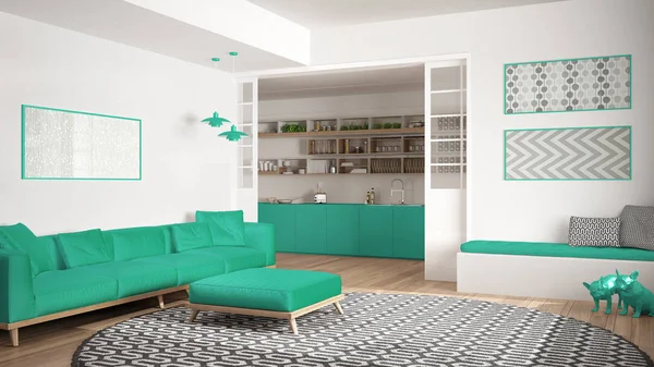 Sala de estar minimalista con sofá, alfombra redonda grande y cocina i —  Fotos de Stock