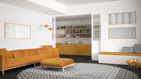 Μινιμαλιστικό σαλόνι με καναπέ, μεγάλο στρογγυλό χαλί και κουζίνα σε το φόντο, λευκό και κίτρινο μοντέρνο εσωτερικό σχεδιασμό — Φωτογραφία Αρχείου