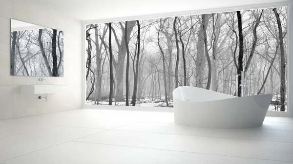 Minimalistische witte en grijze badkamer met groot panoramisch raam, wi — Stockfoto