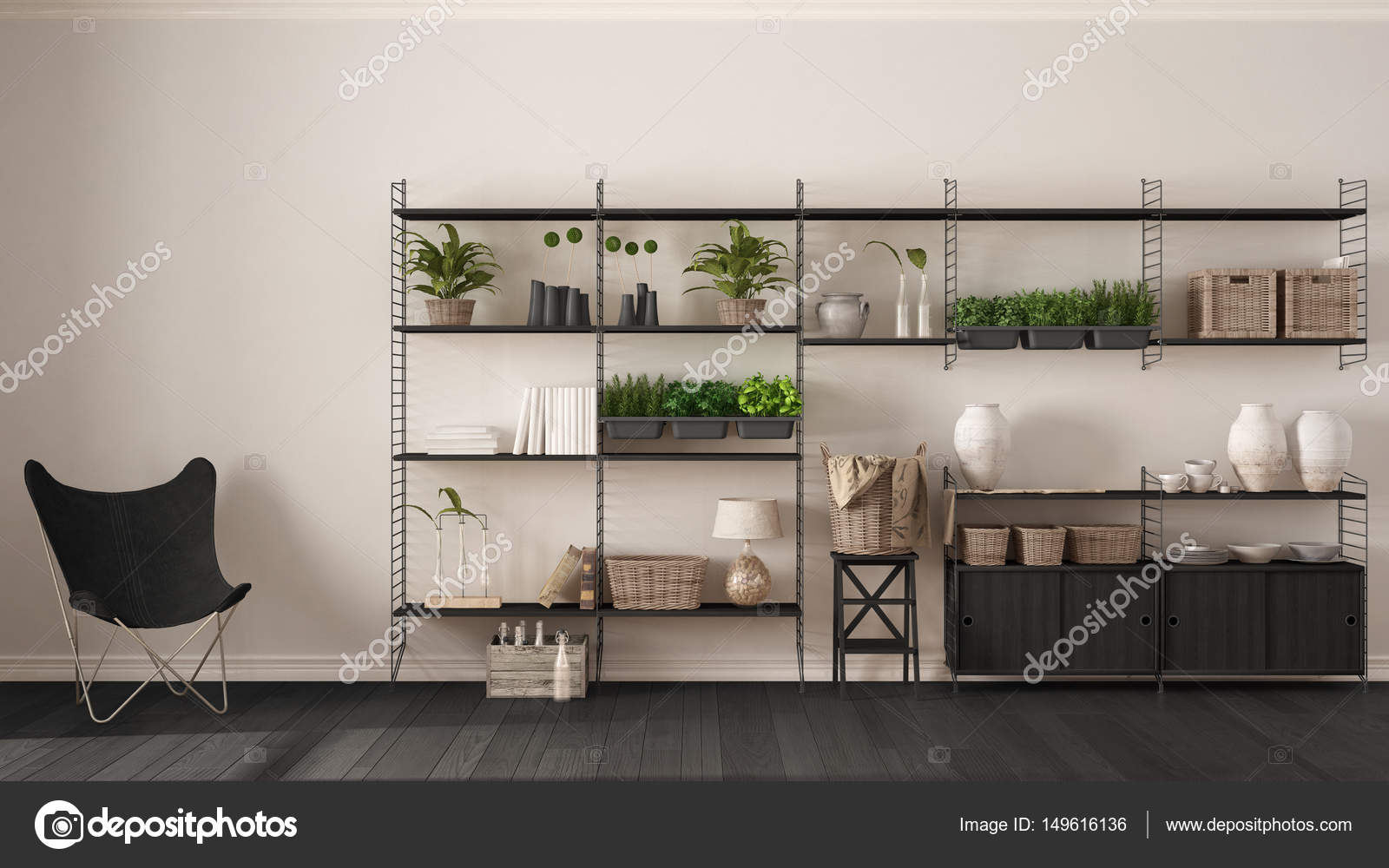 Eco witte interieur met houten boekenkast, diy verticale ga ... Eco witte interieur met houten boekenkast, diy verticale ga ...