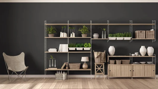 Eco gris diseño interior con estante de madera, bricolaje gar vertical —  Fotos de Stock