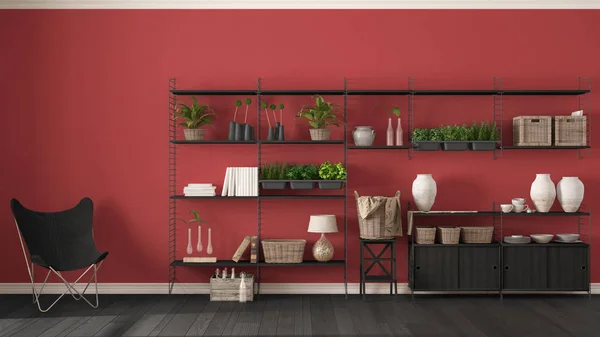 Eco red interior design with wooden bookshelf, diy vertical gard