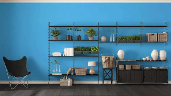 Eco desain interior biru dengan rak buku kayu, diy vertikal gar — Stok Foto