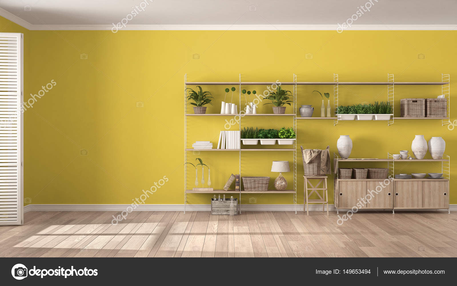 Eco bianco e giallo interior design con libreria in legno, fai da te ... Scaffalatura legno fai da te