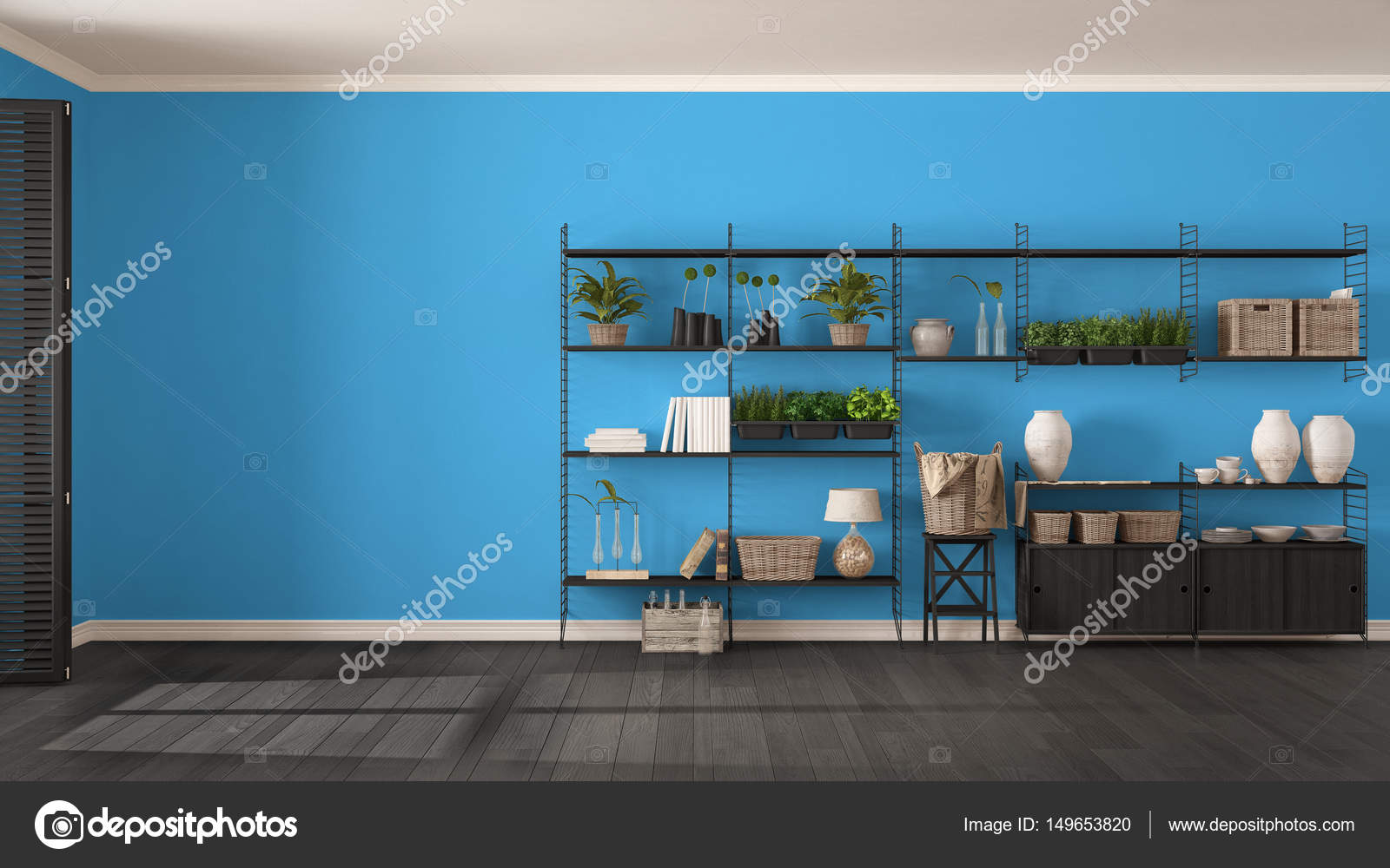 Eco grijze en blauwe interieur met houten boekenkast, diy ver ... Eco grijze en blauwe interieur met houten boekenkast, diy ver ...
