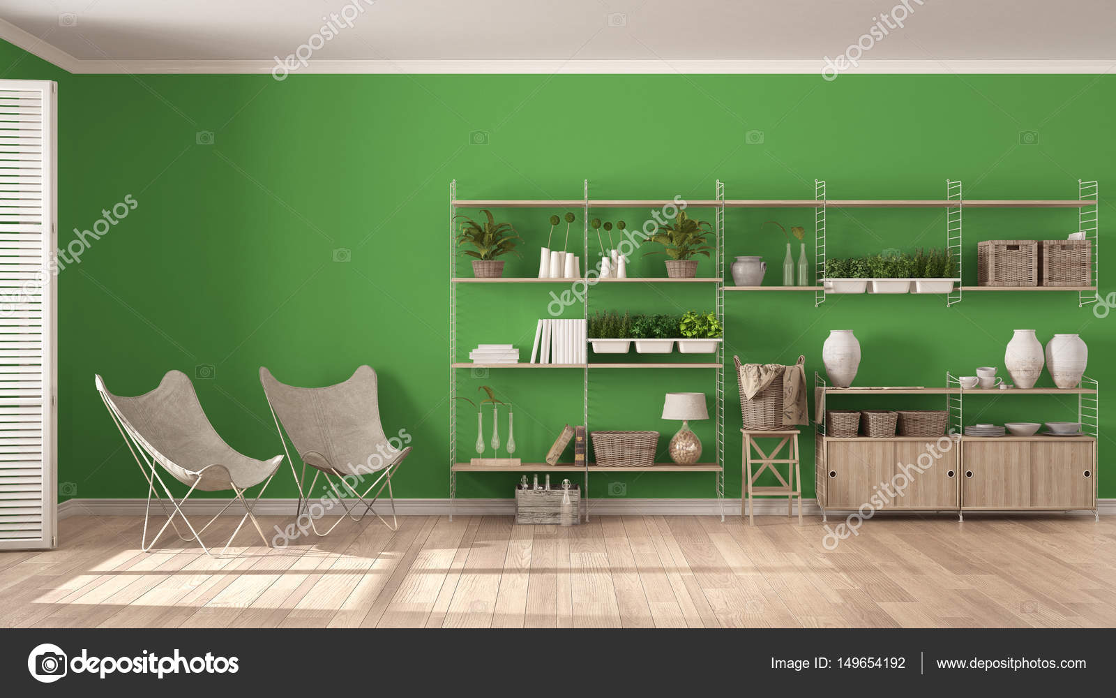 Eco design d\'intérieur blanc et vert avec étagère en bois, bricolage ... Eco design d\'intérieur blanc et vert avec étagère en bois, bricolage ...