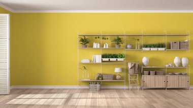 Ahşap kitaplık, diy Eko beyaz ve sarı iç tasarımı 