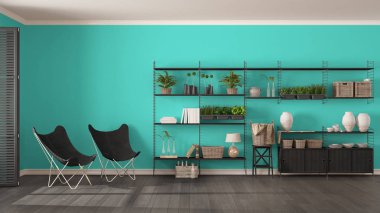Eko gri ve turkuaz iç tasarım ahşap kitaplık ile di