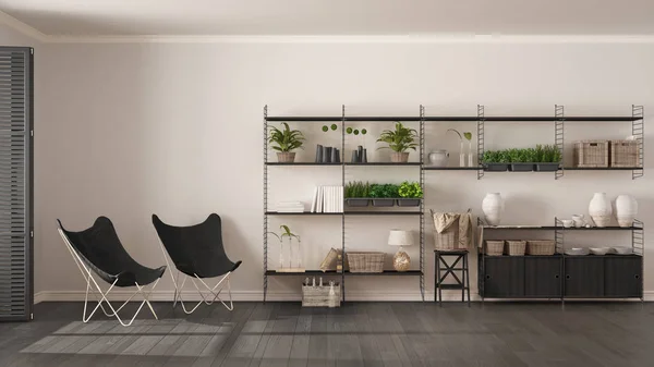 Eco white and gray interior design with wooden bookshelf, diy ve