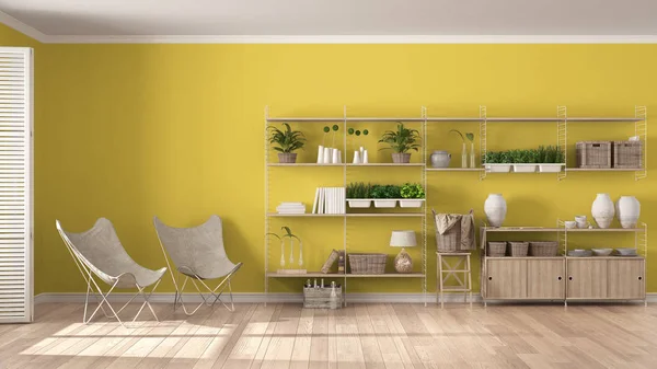 Эко-белый и желтый дизайн интерьера с деревянными книжными шкафами, diy — стоковое фото