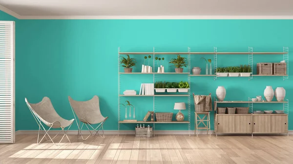 Eco white and turquoise interior design with wooden bookshelf, d — Stock Photo, Image