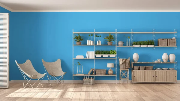 Eco blanco y azul diseño de interiores con estantería de madera, diy ve —  Fotos de Stock