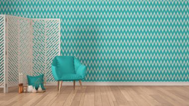 Koltuk, dağ eteğindeki taş yığını ile İskandinav minimalist renkli arka plan