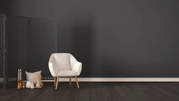 Escandinavo minimalista fondo gris con sillón, pantalla, c — Foto de Stock