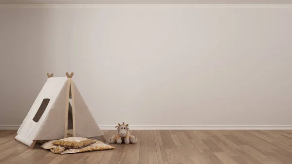 Çocuklar minimalist beyaz arka plan ile çocuk çadır, battaniye yastık