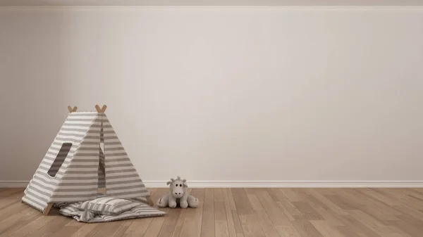 Çocuklar minimalist beyaz arka plan ile çocuk çadır, battaniye yastık