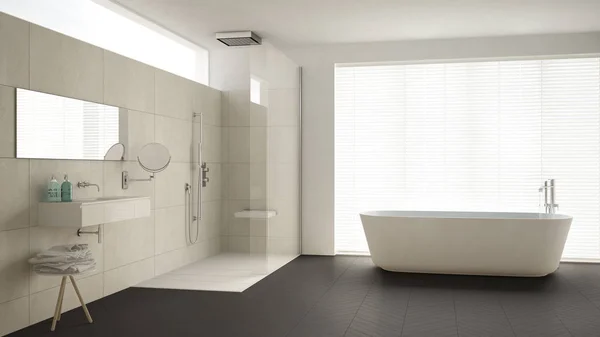 シンプルなバスルームにバスタブとシャワー、寄せ木細工の床、m — ストック写真