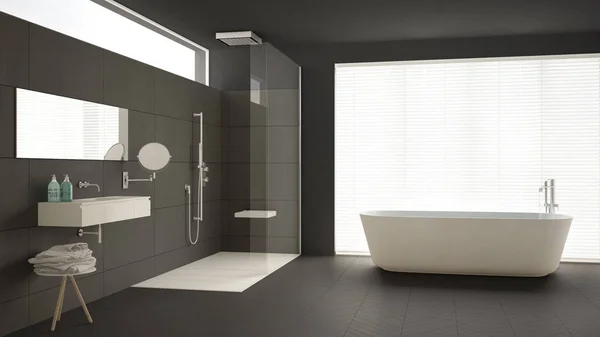 Bagno minimalista con vasca e doccia, pavimento in parquet e... — Foto Stock