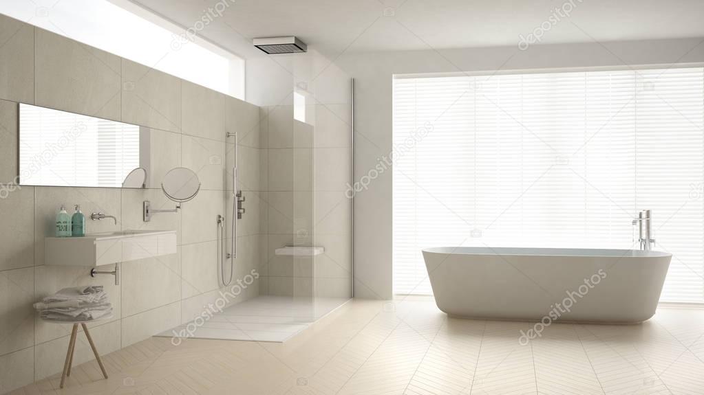 Minimalist bathroom with bathtub and shower, parquet floor and m
