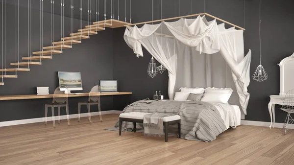 Canopy bed in minimalistic white and gray bedroom with home work