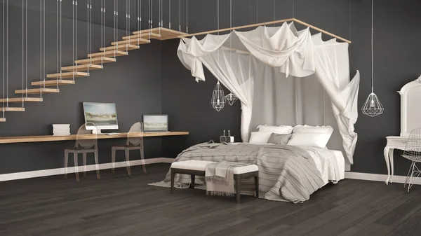 Canopy bed in minimalistic gray bedroom with home workplace, sca