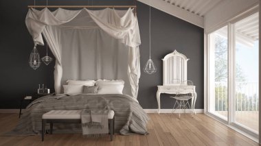 Minimalist gri ve beyaz yatak odası büyük windo gölgelik yatakta