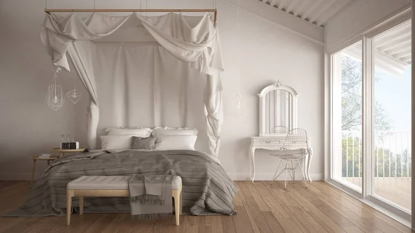 Cama con dosel en el dormitorio blanco minimalista con ventana grande, escándalo —  Fotos de Stock