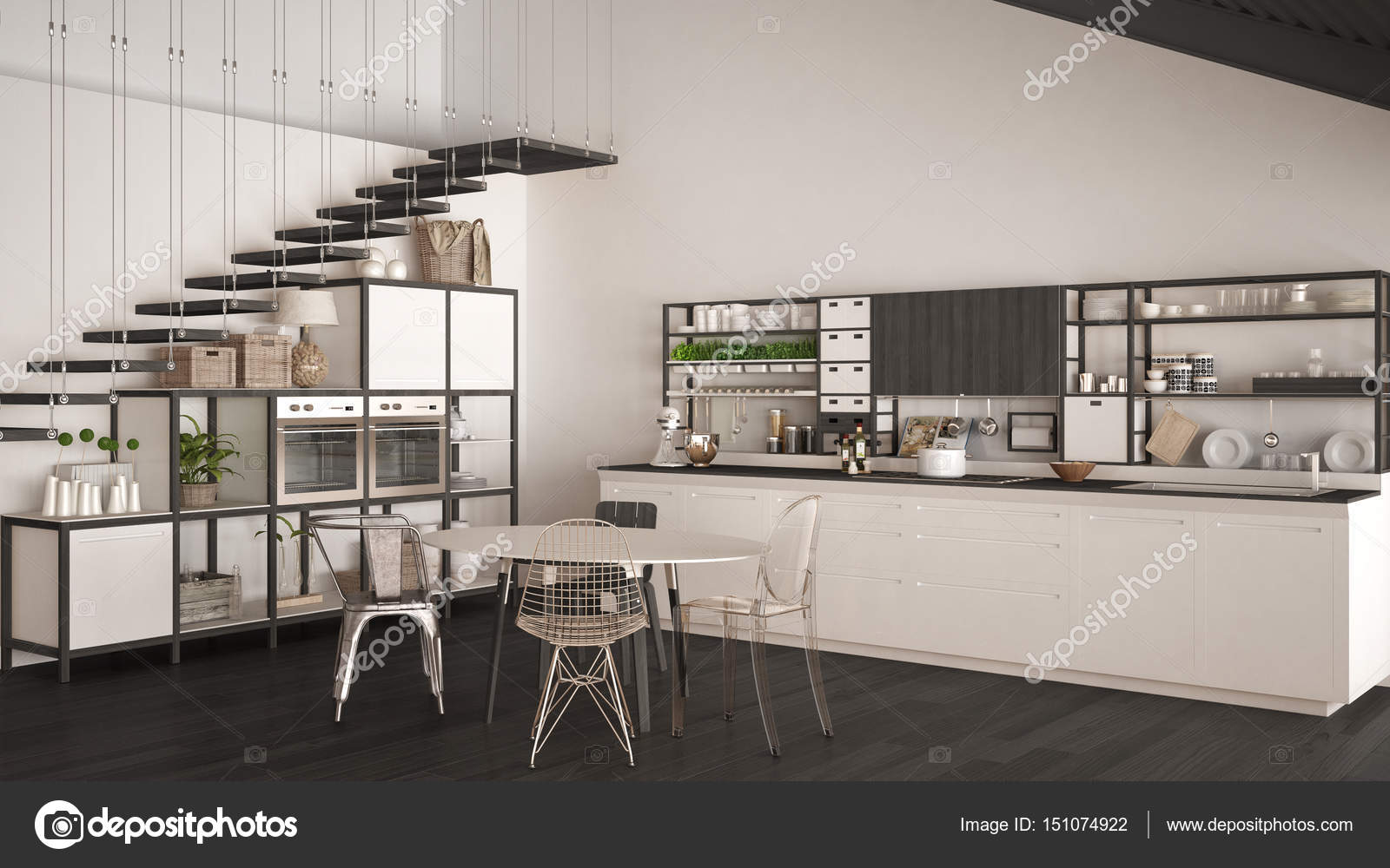 Cucina minimalista bianca e grigia in legno, soppalco con scale ... Cucina minimalista bianca e grigia in legno, soppalco con scale ...