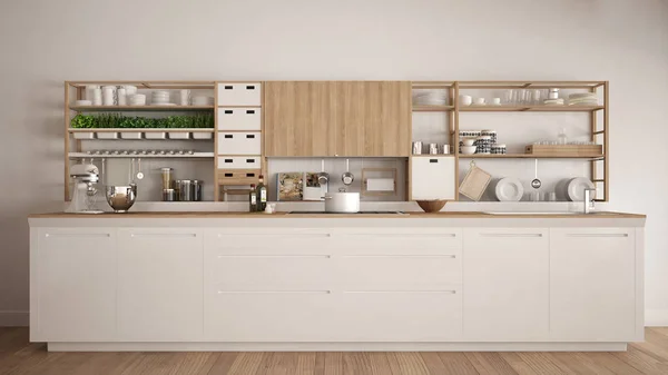 Мінімалістична біла дерев'яна кухня з побутовою технікою крупним планом, сканді — стокове фото