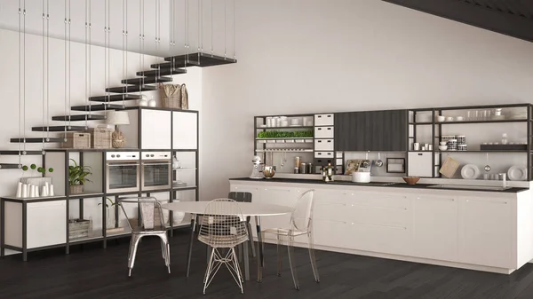 Cucina minimalista in legno bianco e grigio, soppalco con scale, clas — Foto Stock